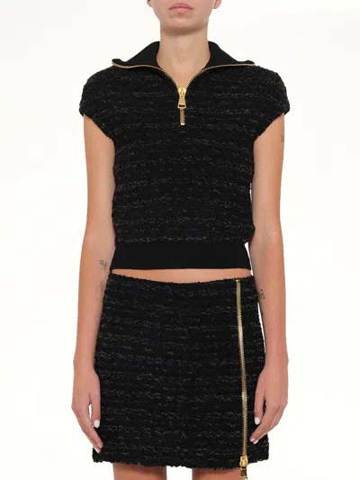 Balmain Zipped Short Sleeve Knit Tweed Top In Black