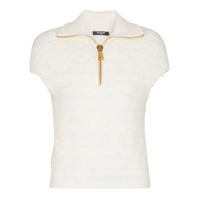 Balmain Zipped Short Sleeve Knit Tweed Top In Neutral