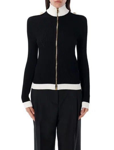 Balmain Zipped Turtleneck Torsade Knit Cardigan