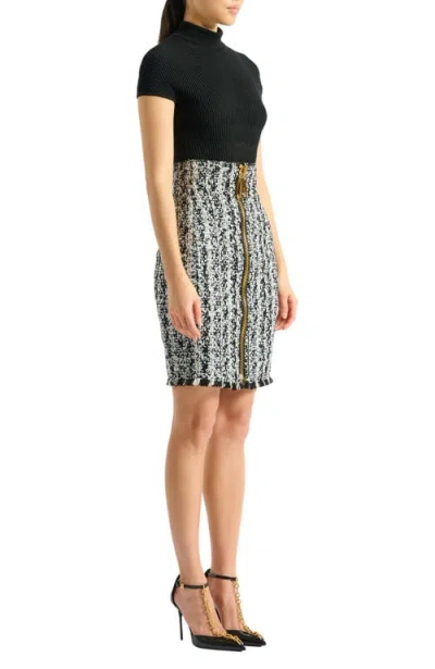 Balmain Zipped Two-tone Tweed Skirt In Black