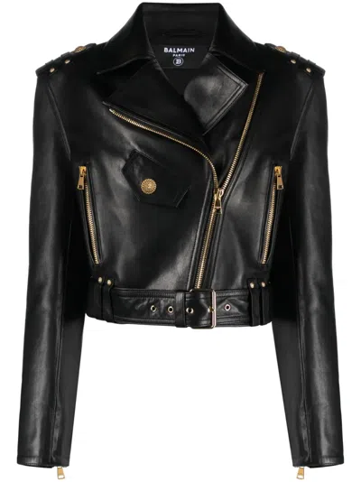 Balmain Jacket Lambskin Belted Waist In Black