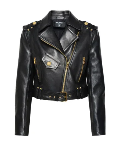 Balmain Cropped Leather Biker Jacket In Black
