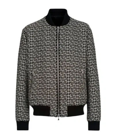 Balmain Monogram-pattern Reversible Bomber Jacket In Black White