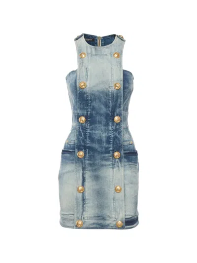 Pre-owned Balmain Zip-up Mini Dress In Blue