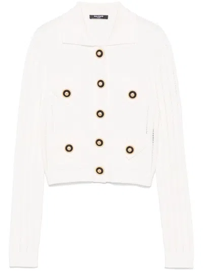 Balmain Cardigan With Perforated Detail In White
