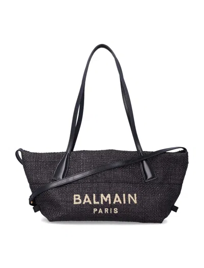 Balmain Small Track Tote Bag In Raffia In Blue