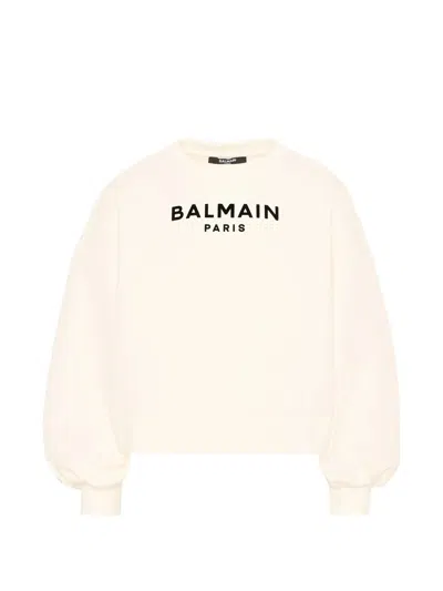 Balmain -style Flocked Logo Crewneck Sweatshirt With Wide Sleeves In White