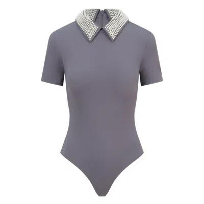 Balou Grey Womens Pearl Collar Bodysuit In Gray