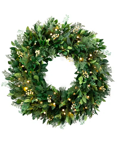 Balsam Hill 24" Outdoor Berry Cypress Pre-lit Wreath In Green