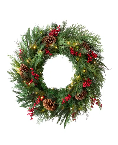 Balsam Hill 34" Outdoor Berry Pine Pre-lit Wreath In Green