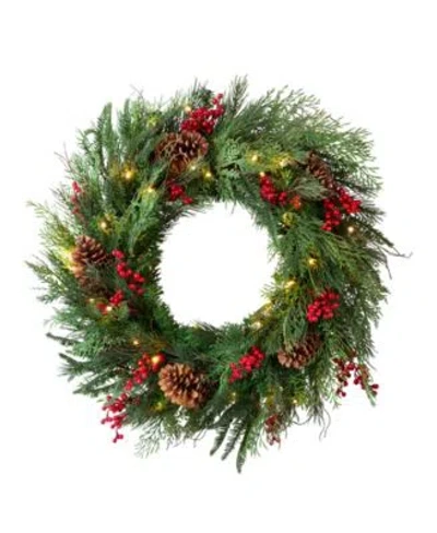 Balsam Hill Outdoor Berry Pine Pre Lit Wreath In Green