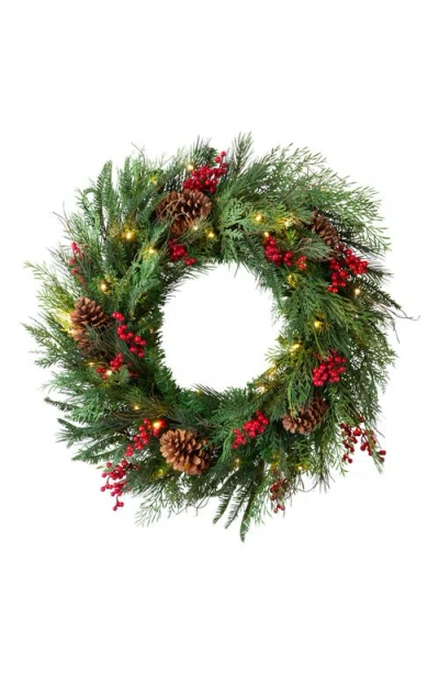 Balsam Hill Red Berry Pine Pre Lit Wreath In Green