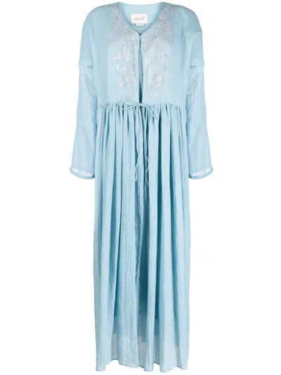Bambah Embroidered Pleated Kaftan Dress In Blue