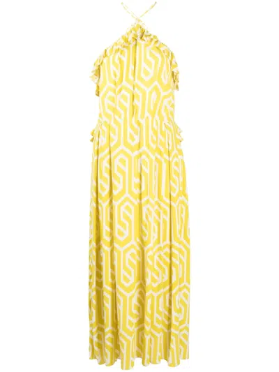 Bambah Geometric-print Ruffled Dress In Yellow