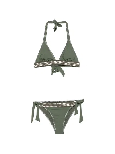 Banana Moon Damomadia Crochet-trim Side-tie Bikini In Green