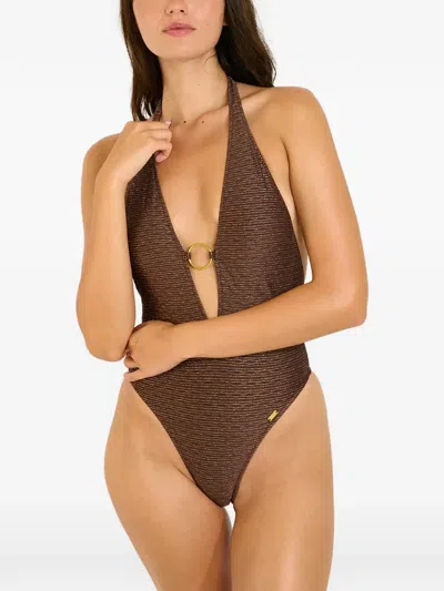 Banana Moon Halterneck Metallic Swimsuit In Brown