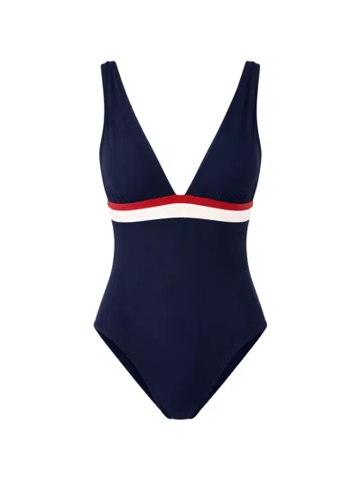 Banana Moon Striped-trim Open-back Swimsuit In Blue