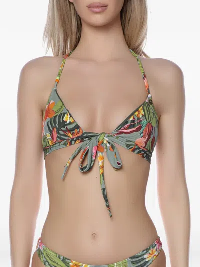 Banana Moon Touho Ayanna Floral-print Tie-front Bikini Top In Green