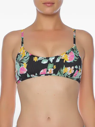 Banana Moon Wino Wailani Floral-print Pleated Bikini Top In Black