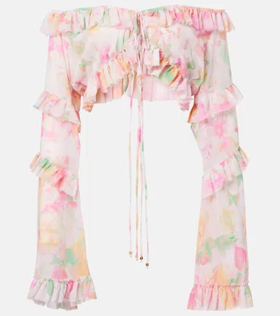 Bananhot Anita Floral Ruffled Off-shoulder Crop Top In Multi