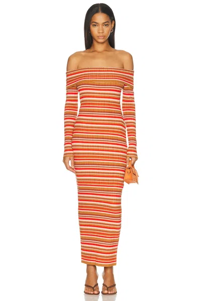 Bananhot Bonnie Ribbed-knit Striped Off-shoulder Maxi Dress In Multi