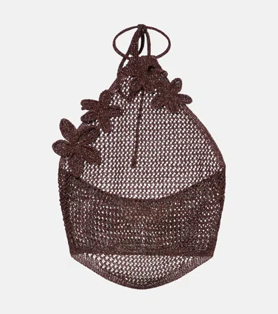 Bananhot Cori Open-knit Halterneck Lamé Crop Top In Brown