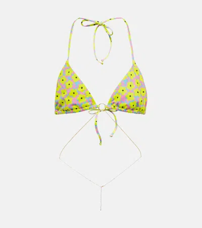 Bananhot Embellished Printed Bikini Top In Yellow Flowers