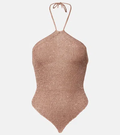 Bananhot Liz Sequined Halterneck Top In Brown