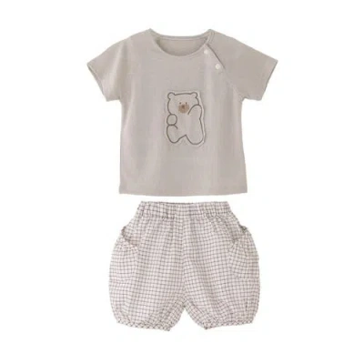 Banblu Babies'  Bear Shirt & Checkered Shorts Set In Brown