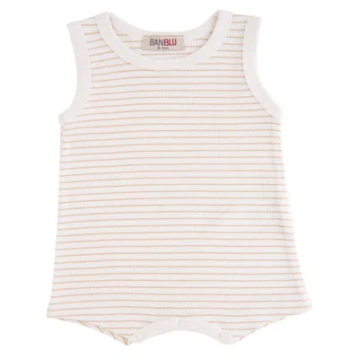 Banblu Kids' Beige Striped Sleeveless Modal Romper In Neutral