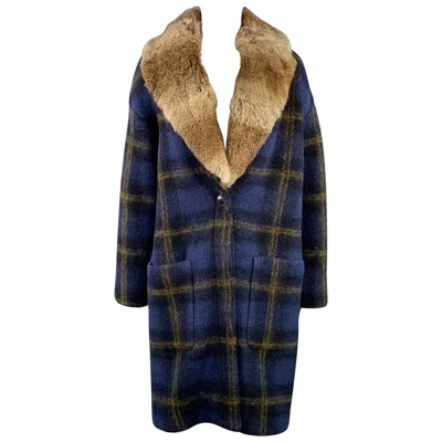 Pre-owned Band Of Outsiders Size S Blue Tan Wool Blend Plaid Rabbit Fur Collar Coat