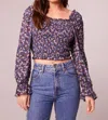 Band Of The Free Cropped Floral Smocked Long Sleeve Blouse In Purple In Blue