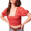 Band Of The Free Joelle Floral Smocked Cropped Blouse In Crimson In Red