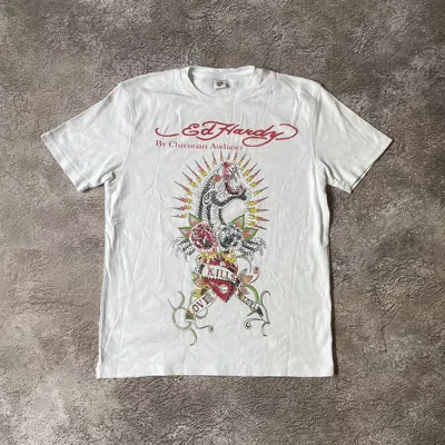 Pre-owned Band Tees Vintage Y2k Tee Ed Hardy Skeleton Face Love L In White