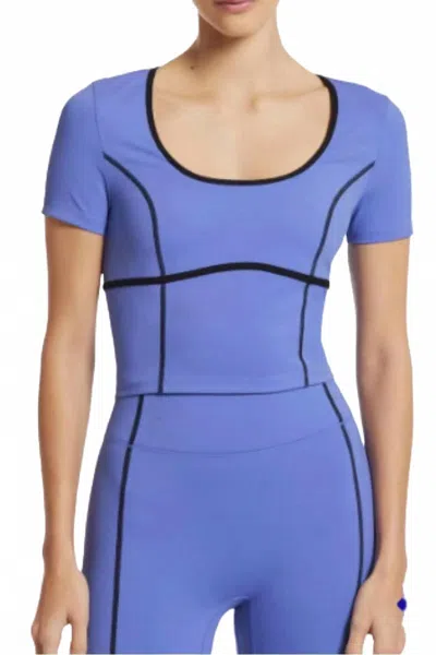 Bandier Crop Contrast Seam Short Sleeve Top In Baja Blue/black