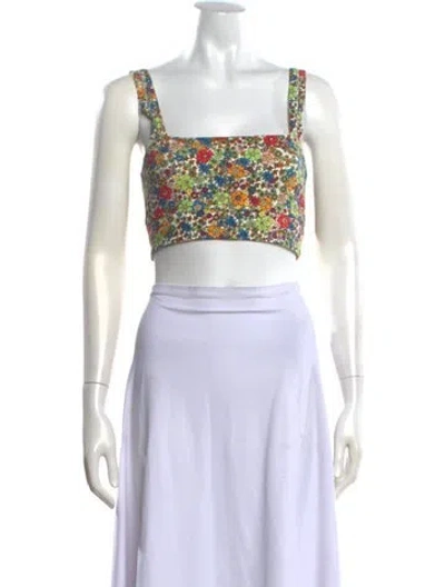 Pre-owned Bandier Floral Print Square Neckline Crop Top In Blue