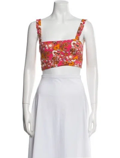 Pre-owned Bandier Floral Print Square Neckline Crop Top In Burgundy