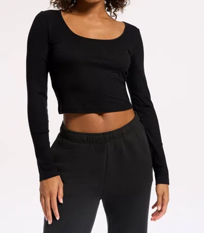 Bandier Rivington Ribbed Long Sleeve Scoop Neck Crop Top In Black
