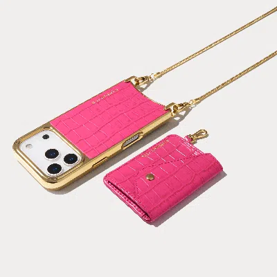 Bandolier Remi Chain Chrome Magnet Wallet Crossbody Phone Case - Magenta Croc/chrome Gold In White