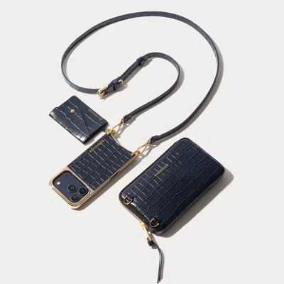 Bandolier Remi Magnet Wallet Crossbody Phone Case Pouch Set - Navy Croc/gold In Black