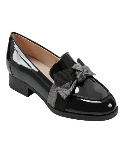 Bandolino Women's Lindio Bow Detail Block Heel Slip On Loafers In Black Patent,gray - Faux Patent Leather