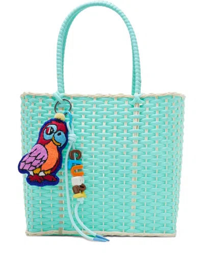 Bangkok Basket Woven Parrot-charm Tote Bag In Green