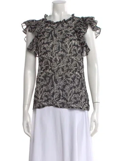Pre-owned Banjanan Floral Print Crew Neck Blouse In Black