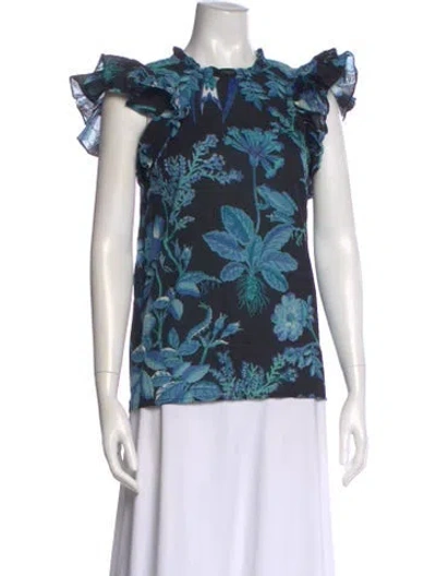 Pre-owned Banjanan Floral Print Crew Neck Blouse In Blue