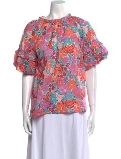 Pre-owned Banjanan Floral Print Crew Neck Blouse In Blue