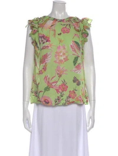 Pre-owned Banjanan Floral Print Crew Neck Blouse In Green