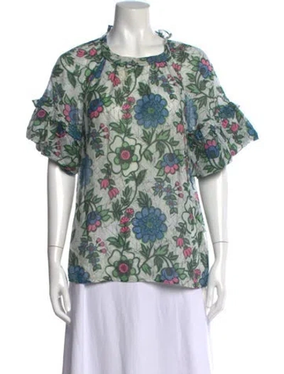 Pre-owned Banjanan Floral Print Crew Neck Blouse In Green