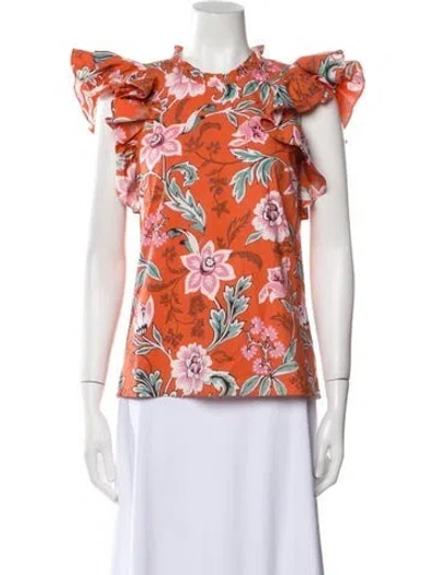 Pre-owned Banjanan Floral Print Crew Neck Blouse In Orange