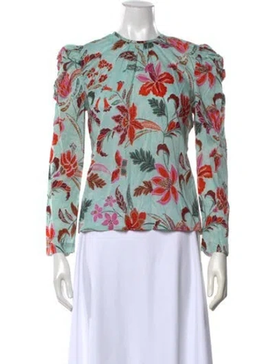 Pre-owned Banjanan Floral Print Crew Neck Blouse W/ Tags In Green