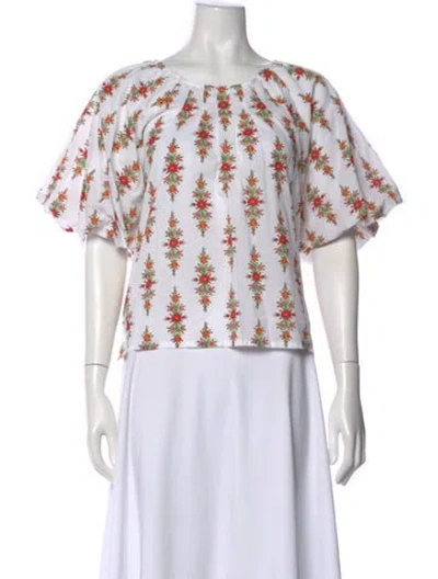 Pre-owned Banjanan Floral Print Crew Neck Blouse In White